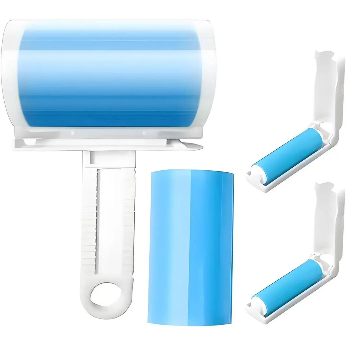 Four lint rollers with covers, two large and two mini, blue plastic handles, washable gel surface