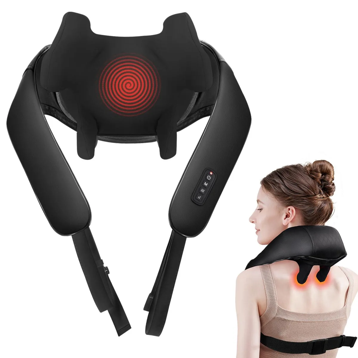 Black wrap-around neck massager with faux leather finish and adjustable straps