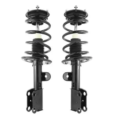 Two silver front strut assemblies with coil springs and top mounts