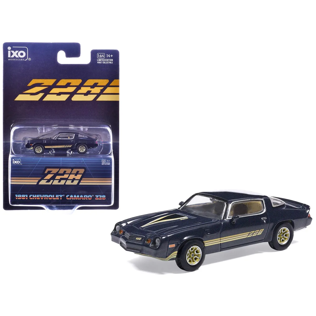 Ixo Models Ixo Models 1981 Chevrolet Camaro Z28 1/64 Dark Blue Metallic Gold Stripes Hobby Collectible — product photo