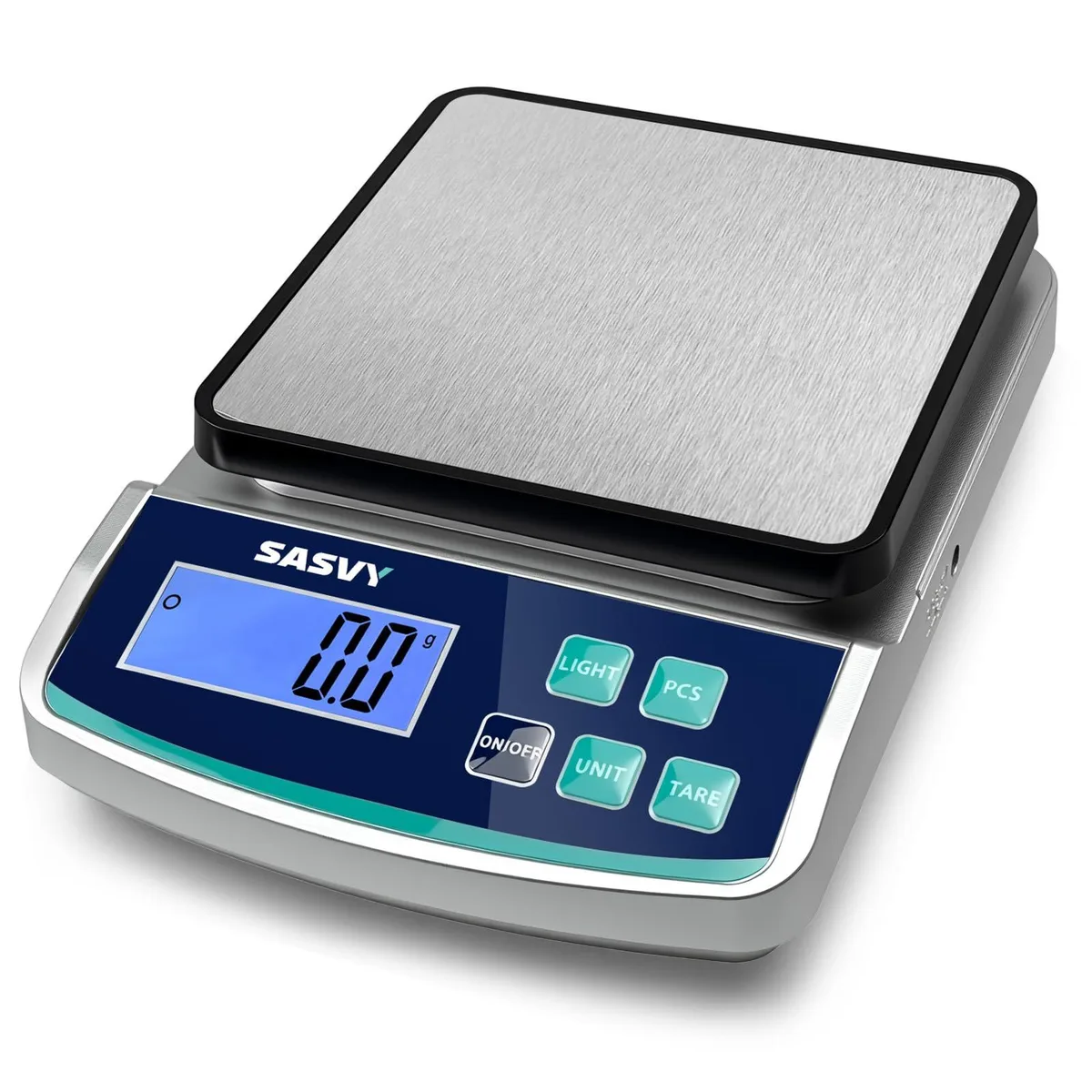 Blue rectangular digital lab scale with stainless steel weighing plate and backlit LCD display