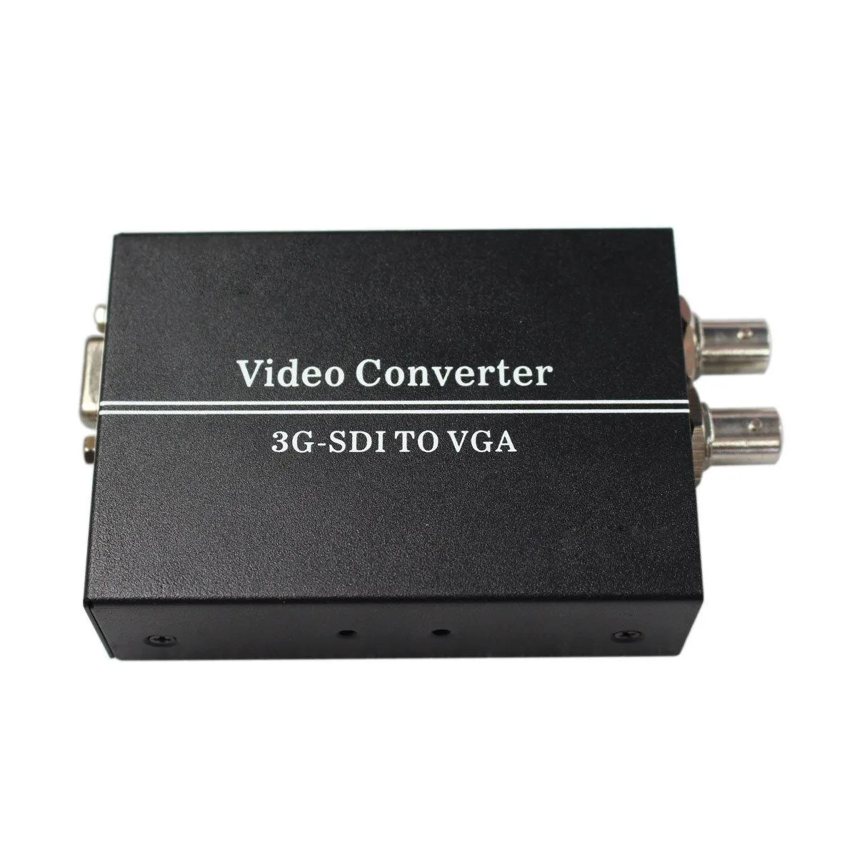 Compact black metal box with BNC SDI input, BNC SDI loop output, VGA port, 3.5 mm audio jack and US power adapter