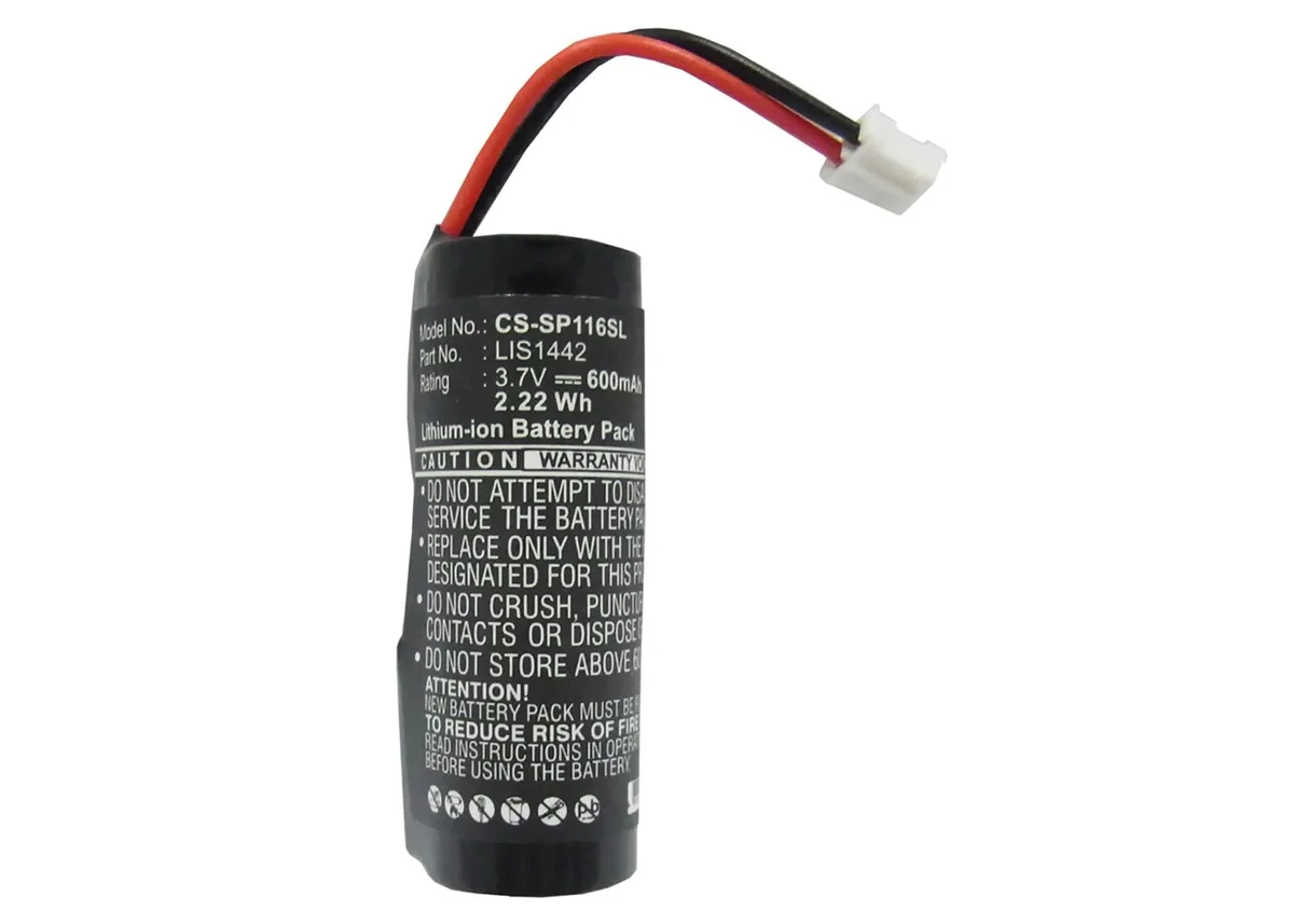 Small rectangular lithium-ion battery with connector, silver label, 43 by 17 by 14 mm