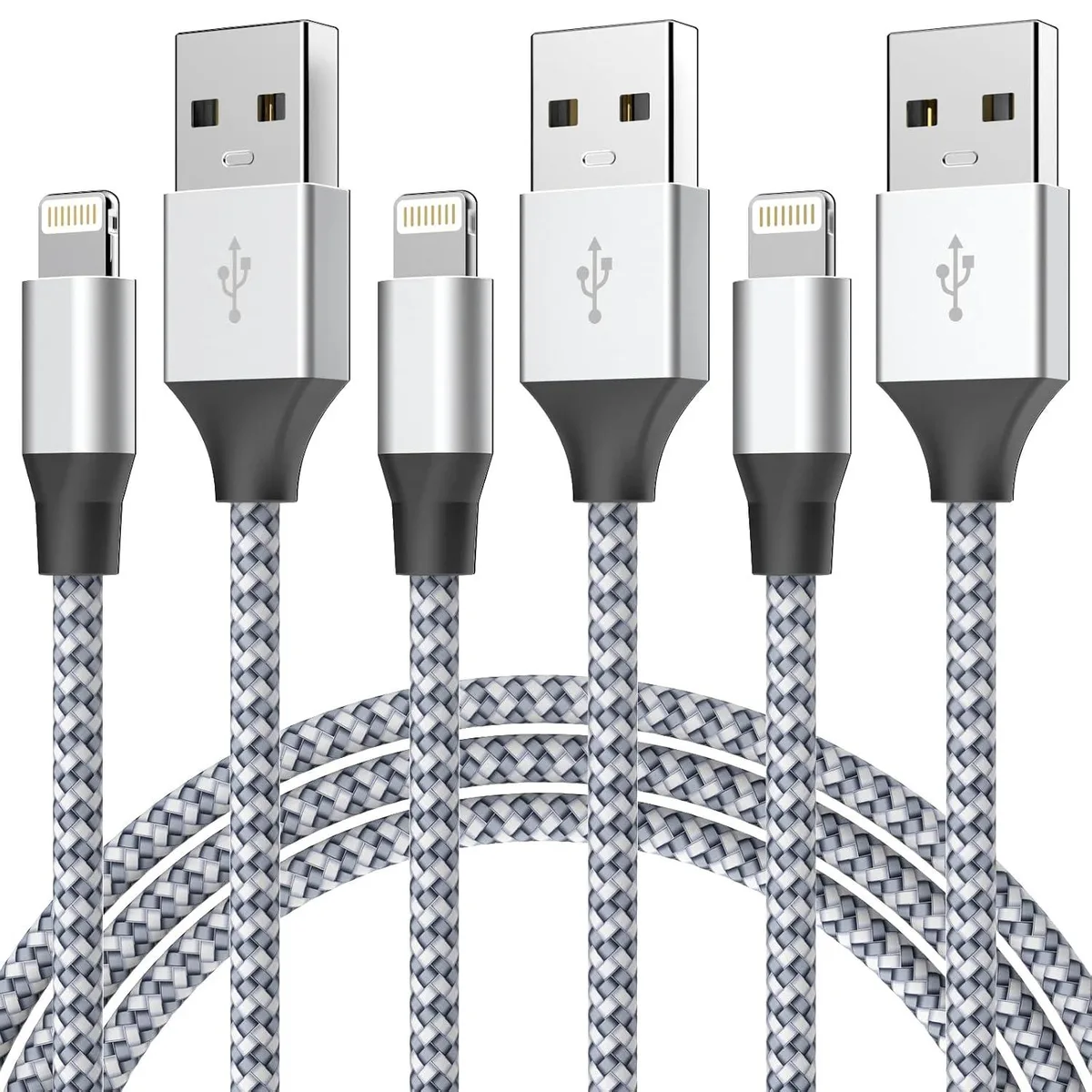 Three six-foot nylon-braided Lightning cables with aluminium connector housings