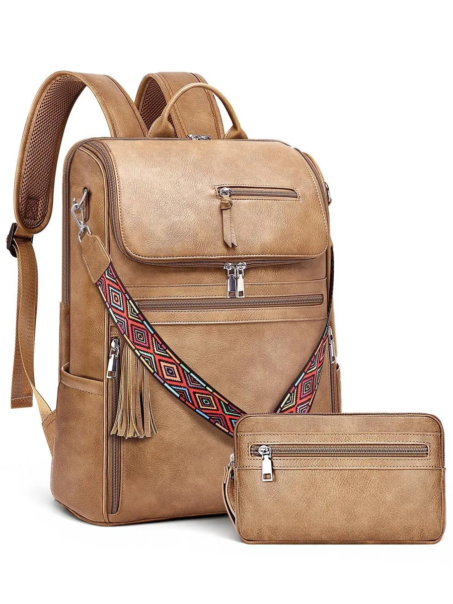 ALSEYE ALSEYE 2 in 1 Accessory Leather Laptop Backpack Camel Brown 16.5 inch — product photo