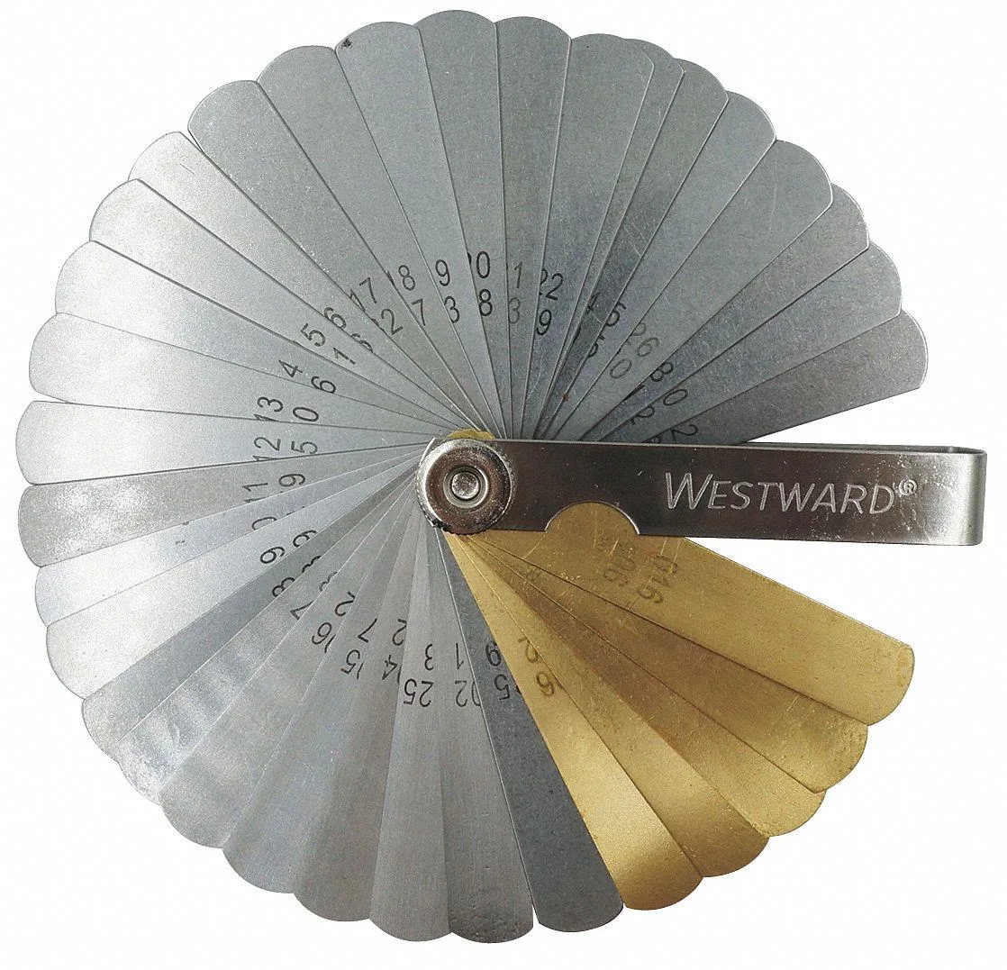 Silver and gold steel feeler gauge set with 36 blades in stainless holder