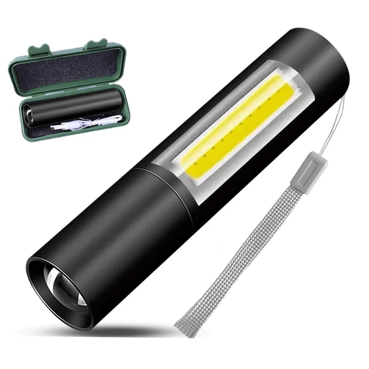 Black anodised aluminium mini flashlight, 3.74 x .8 x .8 inches, with USB-C port and lanyard