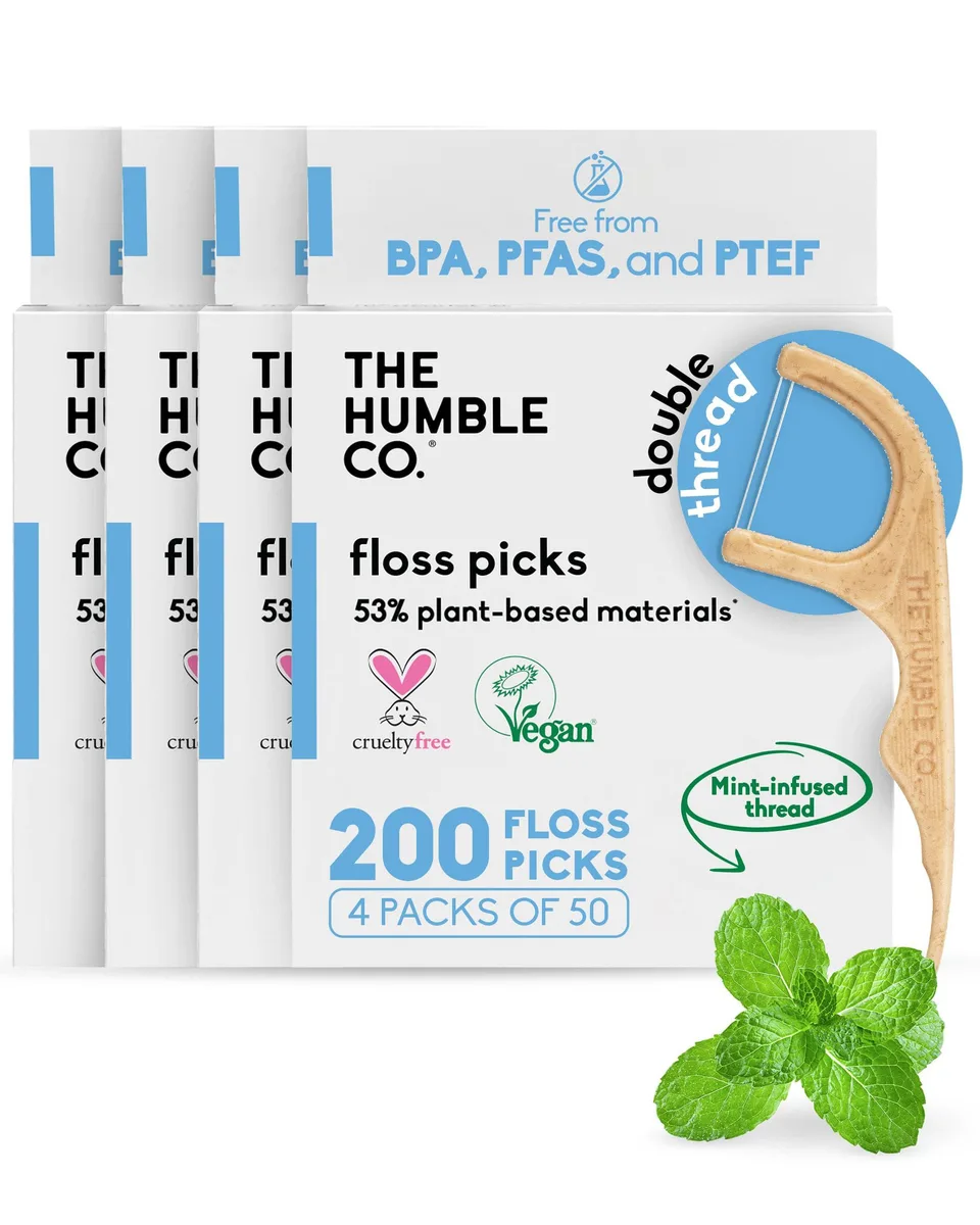 Pack of 200 mint floss picks, plant-based handles, dual-line design