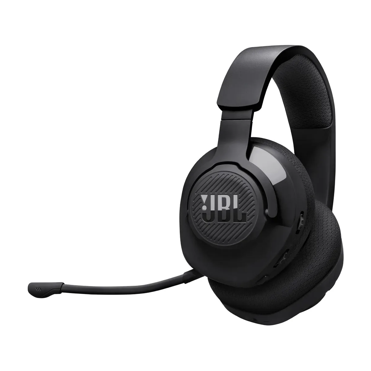 Black over-ear wireless gaming headset with detachable boom mic and fabric ear cushions