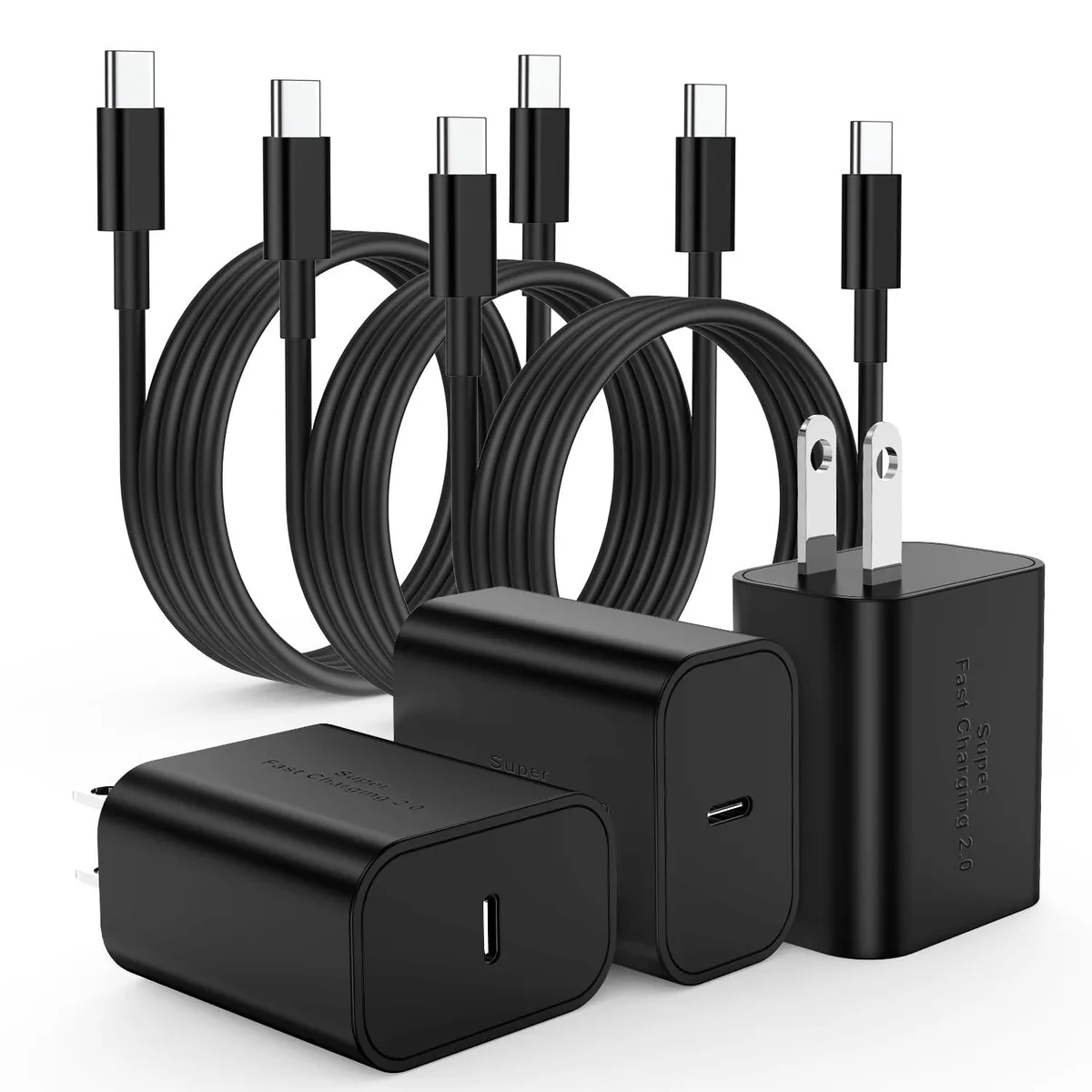 Three white USB-C wall chargers with matching 6ft cables