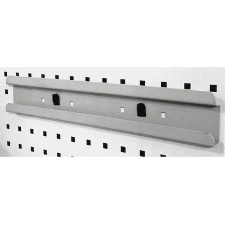 Gray steel pegboard storage container with formed powder-coated finish, hanging mount, bin support, and locking system