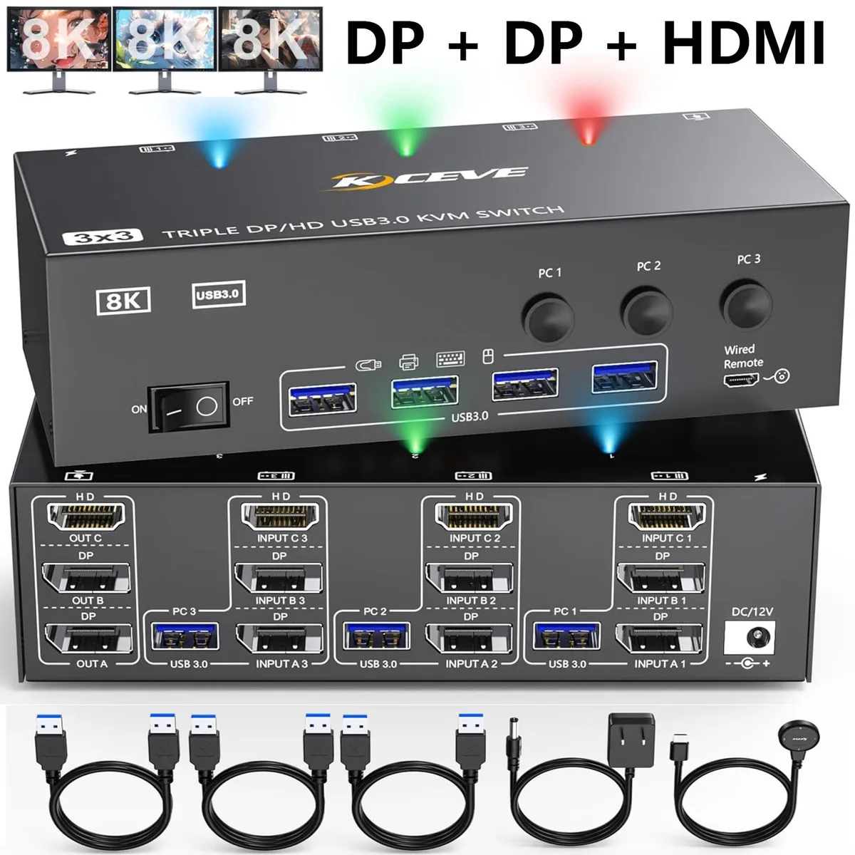 IHDAPP IHDAPP 3-Port USB 3.0 KVM Switch HDMI+DP+DP 8K@60Hz — product photo