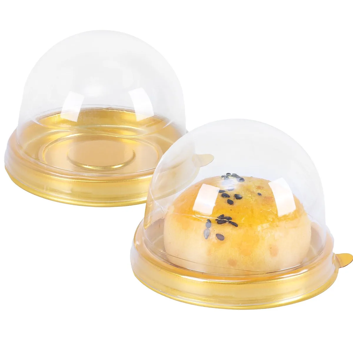 Fifty gold mini cake containers with clear dome lids, 2.8 inches square, 1.8 inches deep