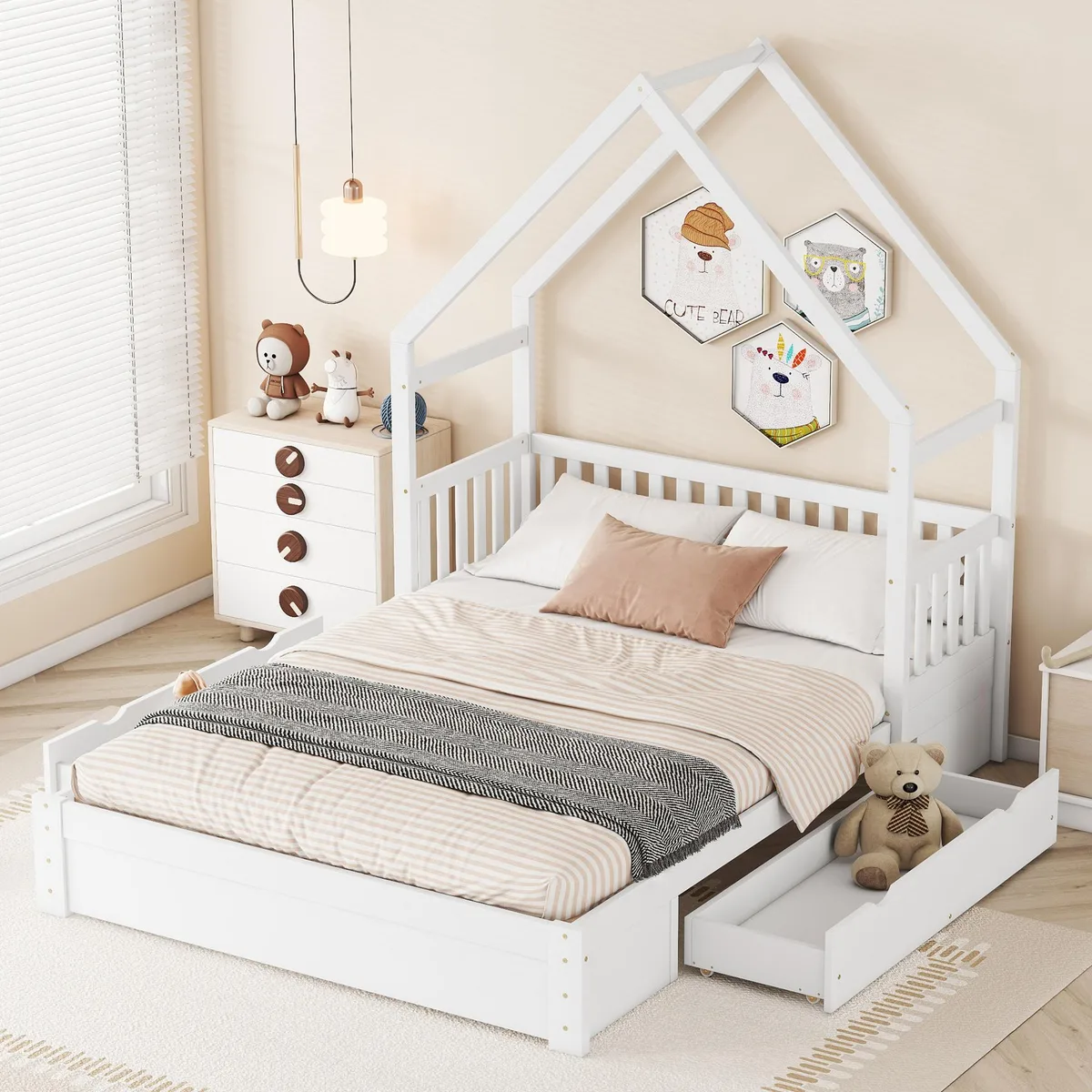 tuphen tuphen Wood Queen House Platform Bed with Guardrail and 2 Drawers White — product photo