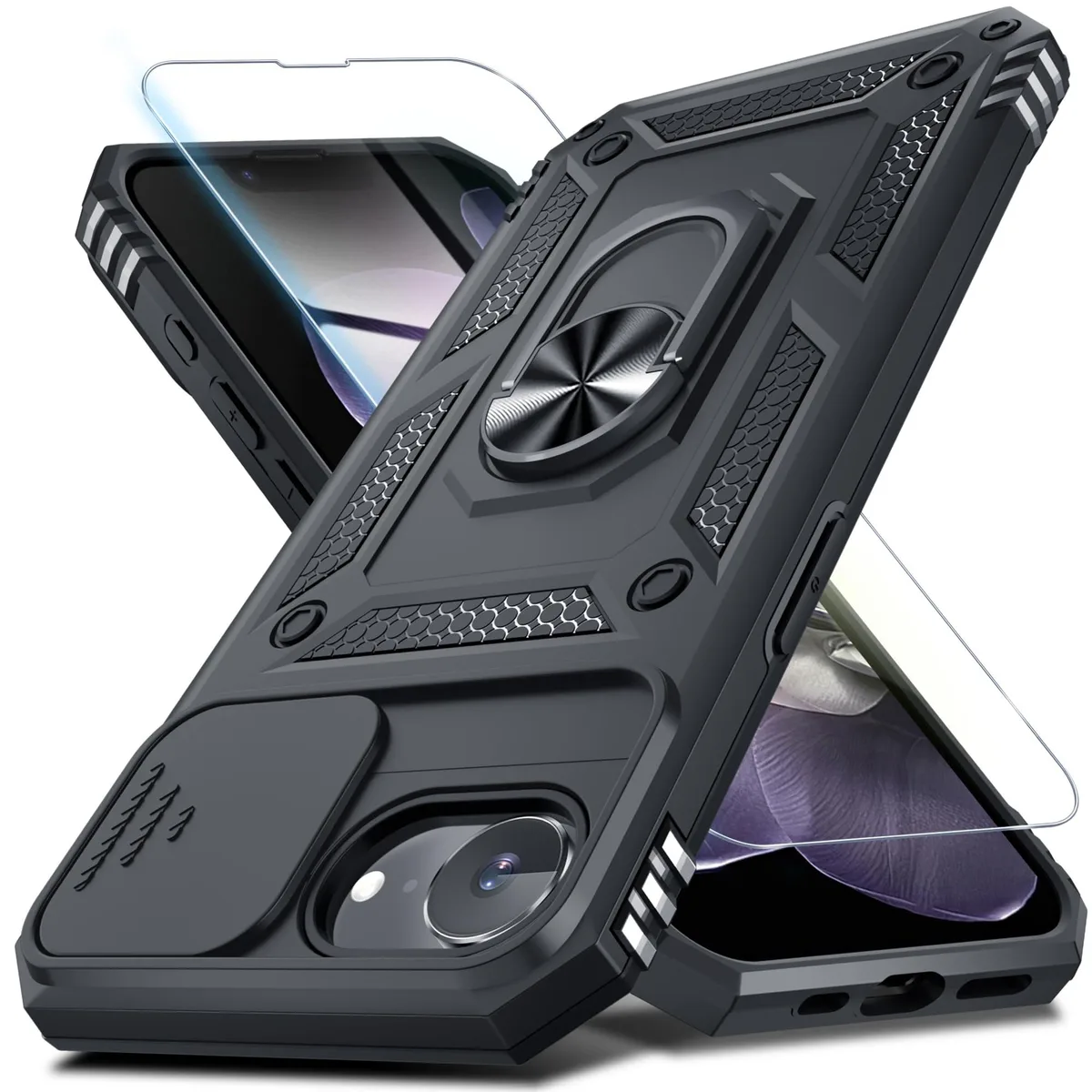 Black protective case for iPhone 16e and 17e with sliding camera cover, metal kickstand ring and tempered glass screen protector