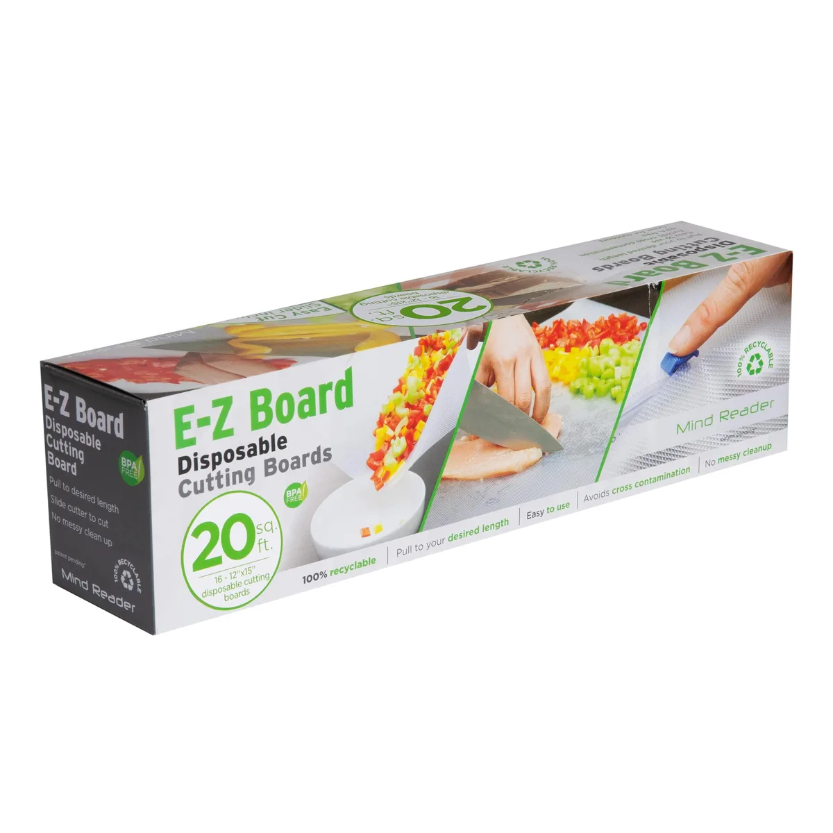 Clear disposable plastic cutting board roll in a rectangular dispenser box with built-in cutter