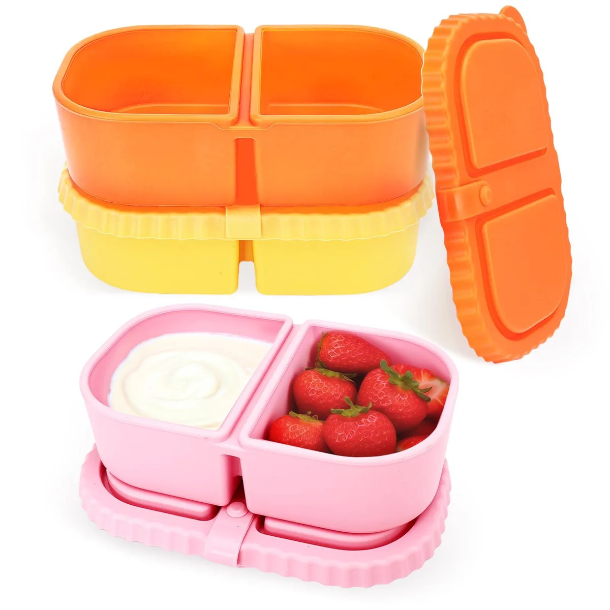 Three red silicone snack boxes, each with two compartments and matching lids