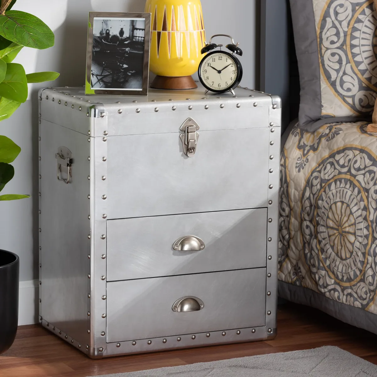 Silver metal storage chest with lift top and two drawers, riveted corners, polished handles, fully assembled