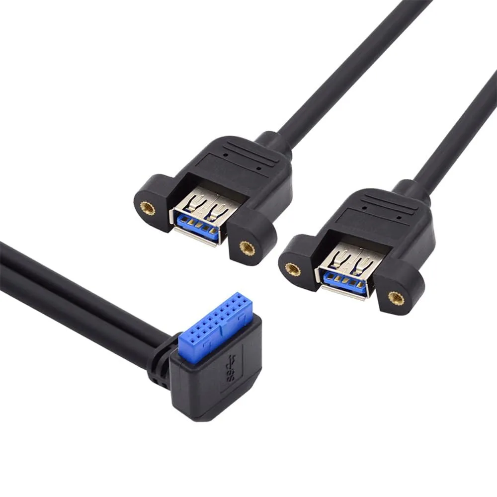 Fervit Fervit Up Angled 19/20Pin Header to USB 3.0 Dual Ports Female Screw Mount Cable 90 Degree 5Gbps 30cm — product photo