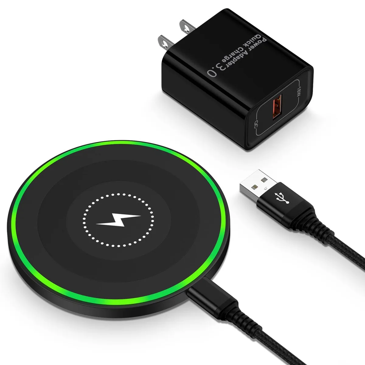 Flat circular charging pad with rubber rings and included power adapter