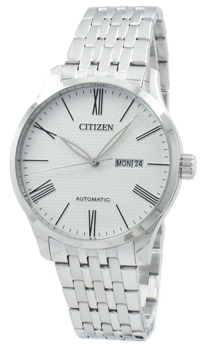 Silver stainless steel dress watch, white textured dial with Roman numerals at 12, 4, 6, 8, 10, matching bracelet, fold-over clasp