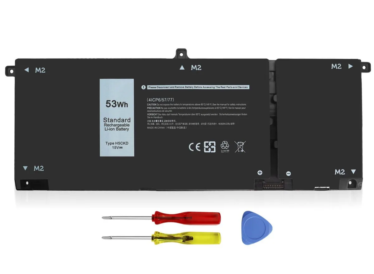 Black rectangular lithium polymer laptop battery with screwdrivers and instruction sheet