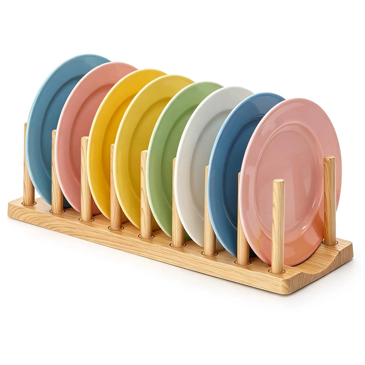 Red plastic two-tier pot lid rack with eight adjustable dividers, 34 inches wide
