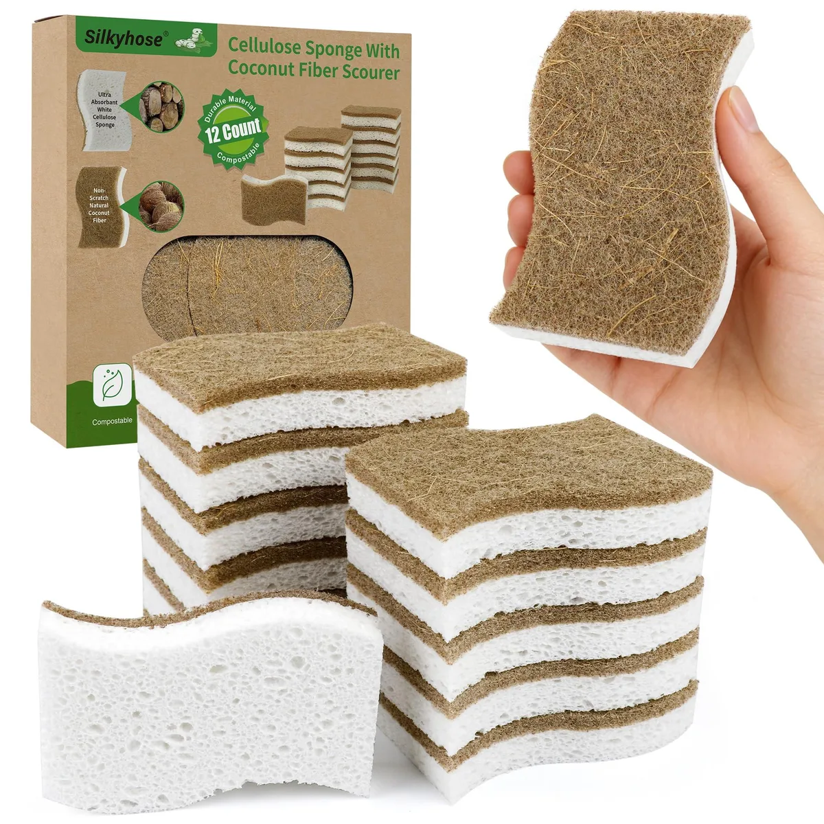 Twelve white S-shaped cellulose sponges in a rectangular box