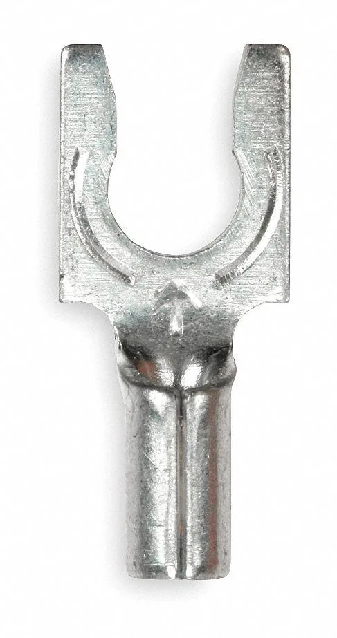 Small bare copper fork terminal with open tines for #8 stud