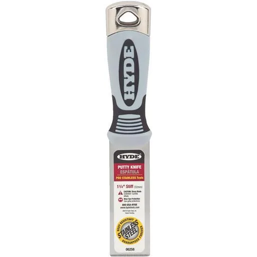 Stiff stainless steel putty knife with grey soft-grip handle