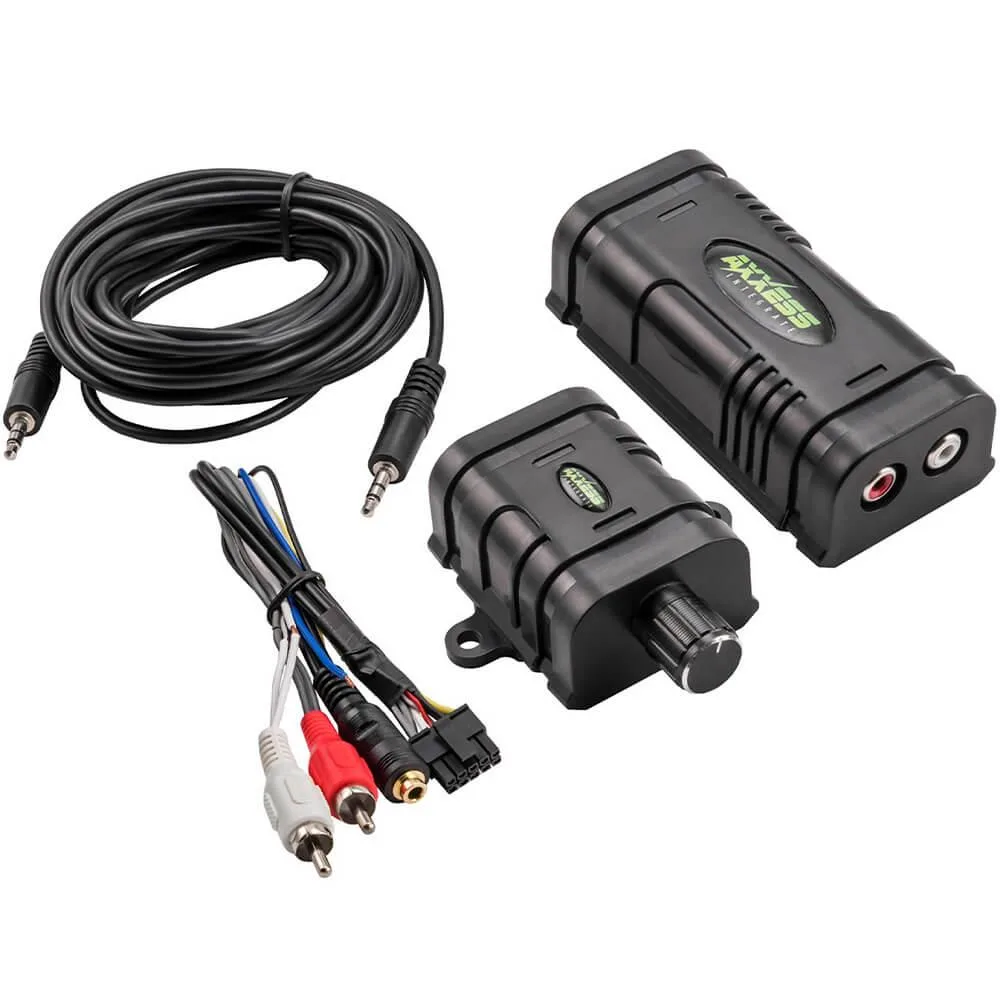 A small black audio converter box with a wired remote knob attached