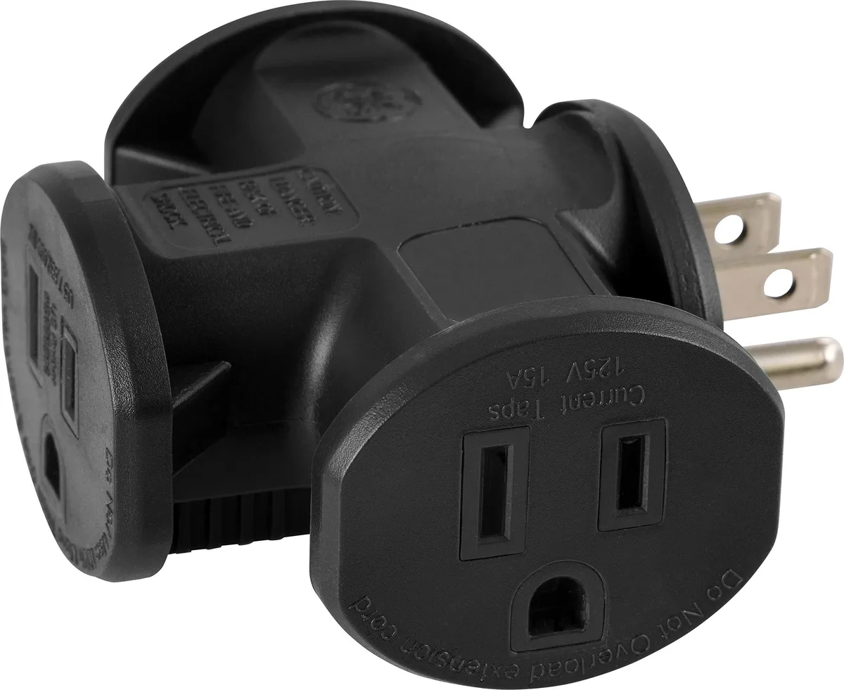 Black T-shaped adapter with three grounded outlets on a single plug