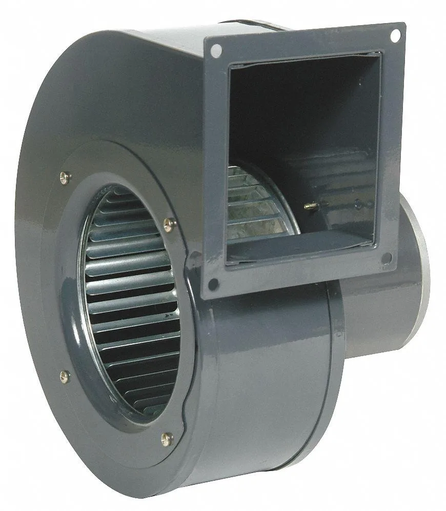 Rectangular steel blower with forward-curved wheel, direct drive motor, assembled unit