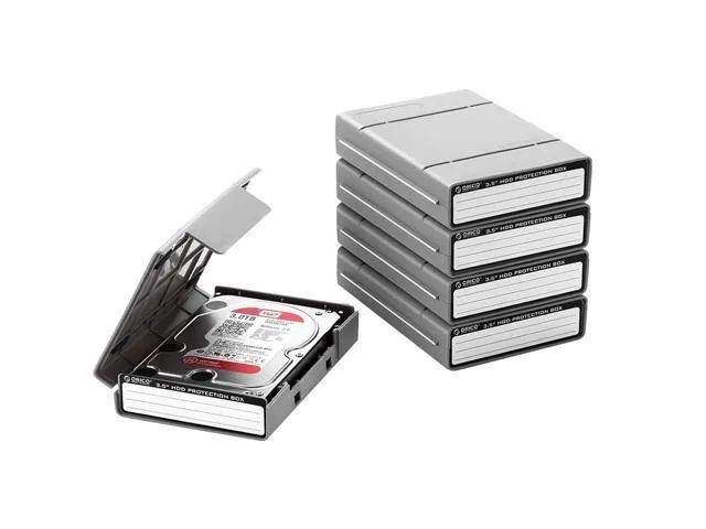 Five gray plastic 3.5 inch HDD cases with snap locks and label areas