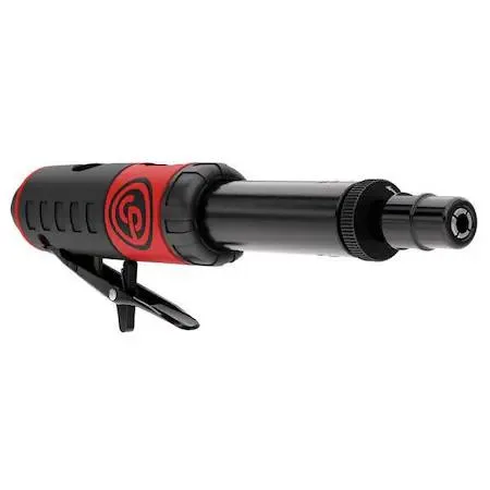 Silver straight pneumatic die grinder with barrel grip and 1/4 inch NPT female air inlet