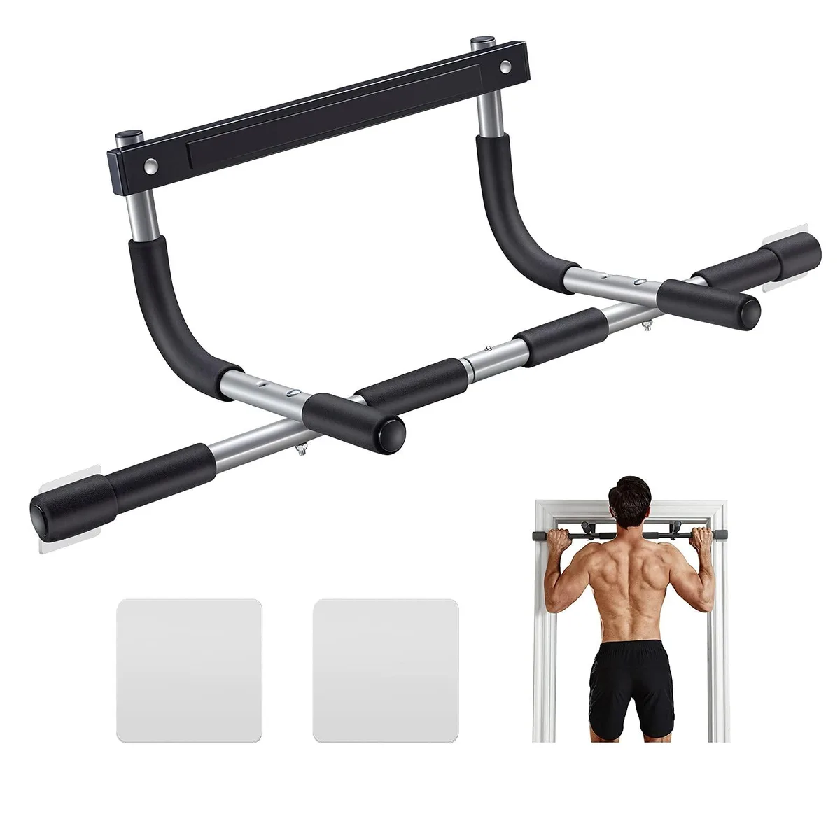 Silver 20-inch alloy steel doorway pull-up bar with foam grips and silicone pads