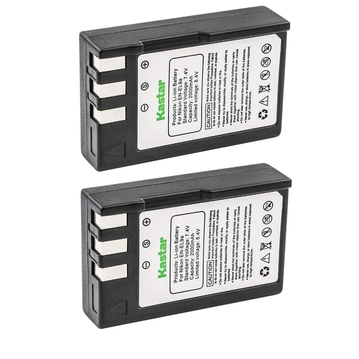 Two rectangular lithium-ion camera batteries, grey plastic finish