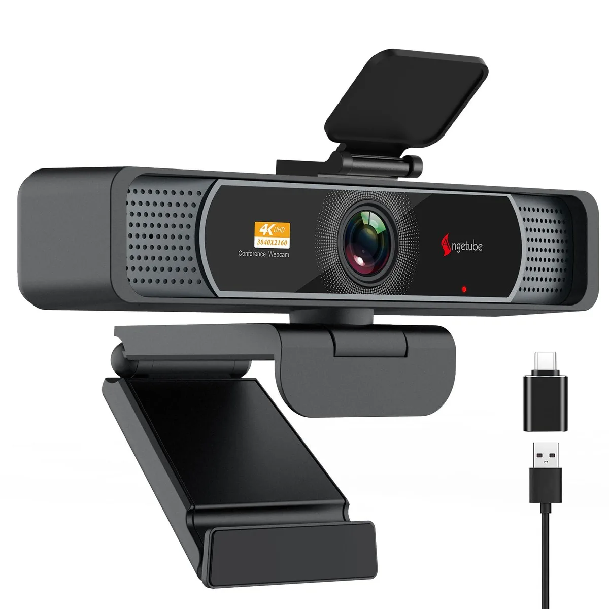 Black compact webcam with ring light and privacy cover, 183g