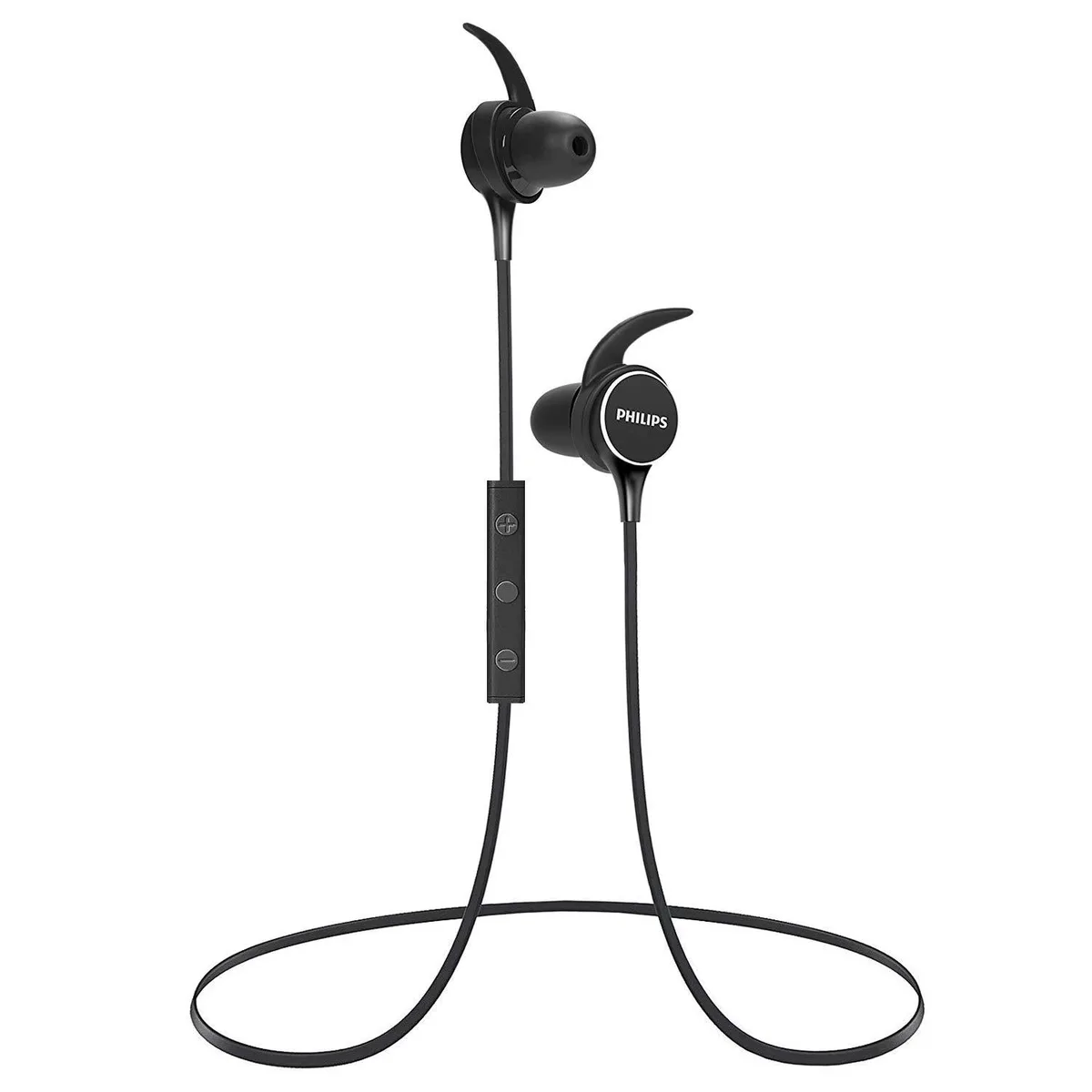 Black in-ear wireless earbuds with magnetic clasps and silicone ear tips