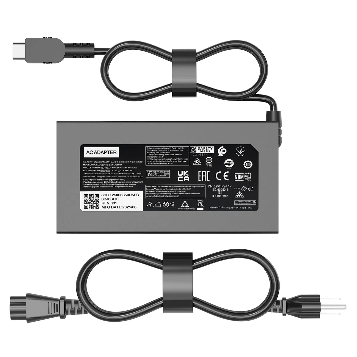 Black rectangular USB-C power adapter with detachable cable, matte finish, compact brick shape