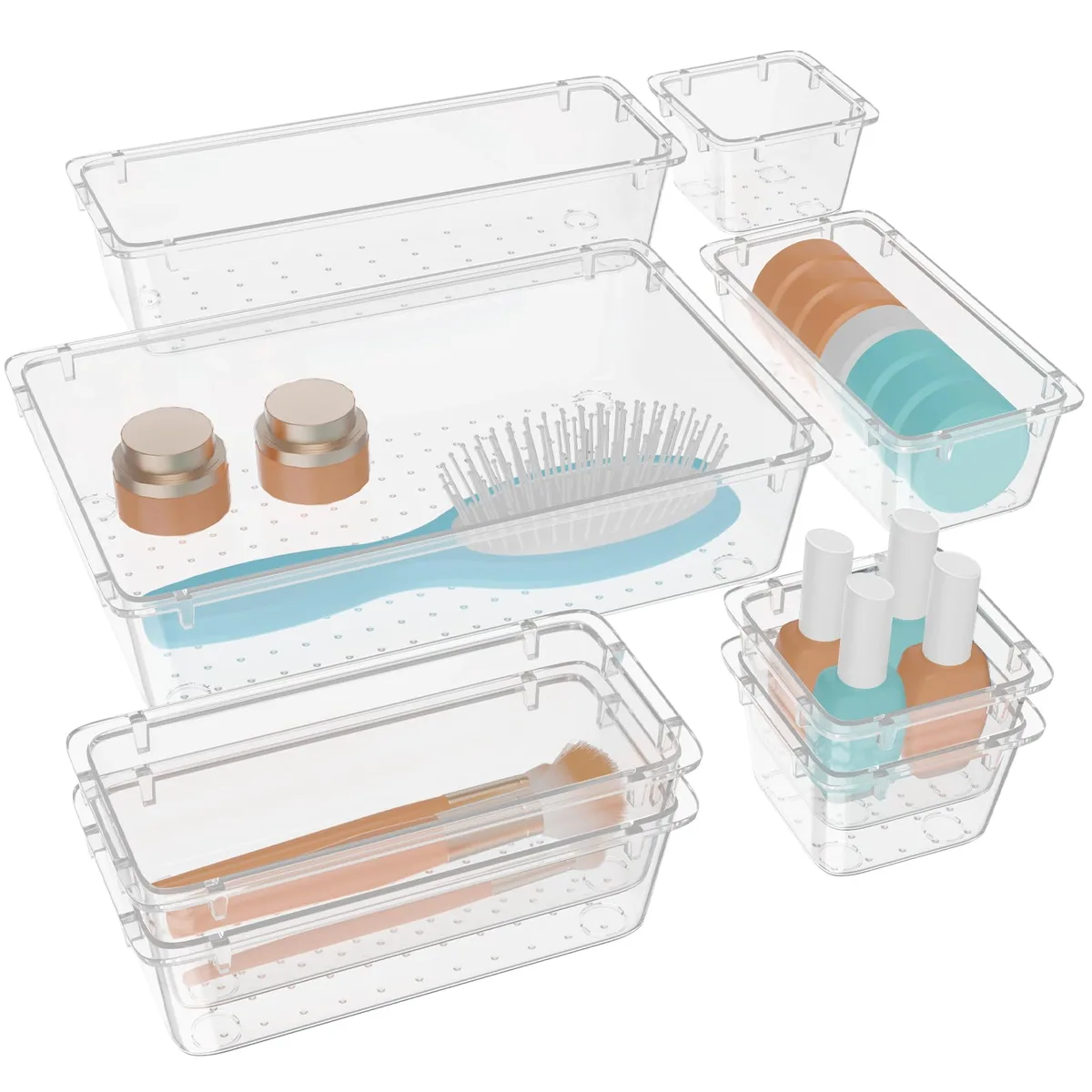 Clear plastic drawer organizer set with eight bins in four sizes, stackable design, transparent finish