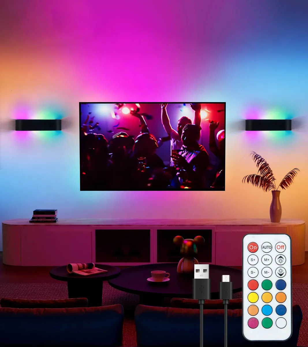 Rectangular RGB LED wall sconce with magnetic mount and remote control, 6 inch by 3 inch housing