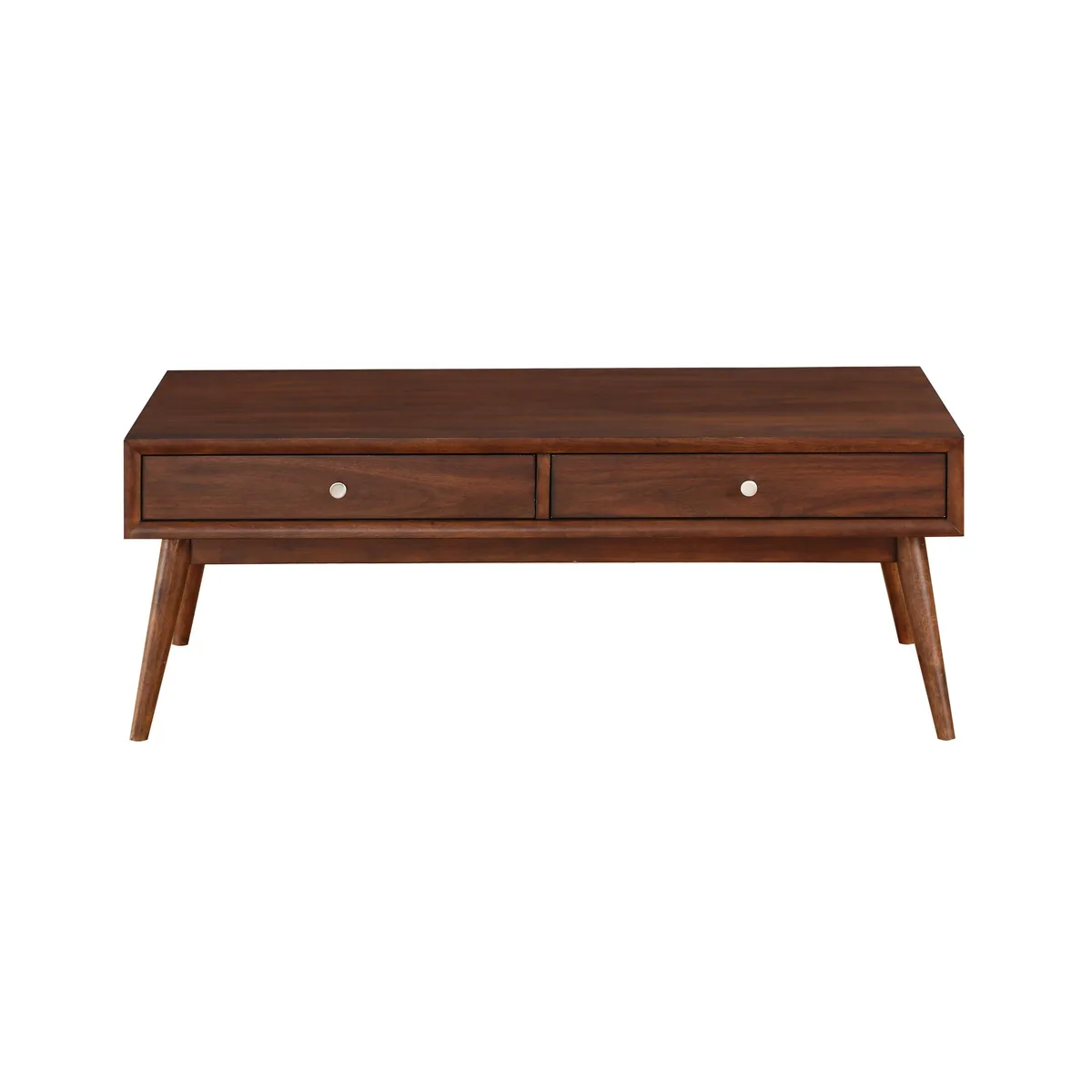 Rectangular walnut veneer coffee table with two drawers and nickel knobs