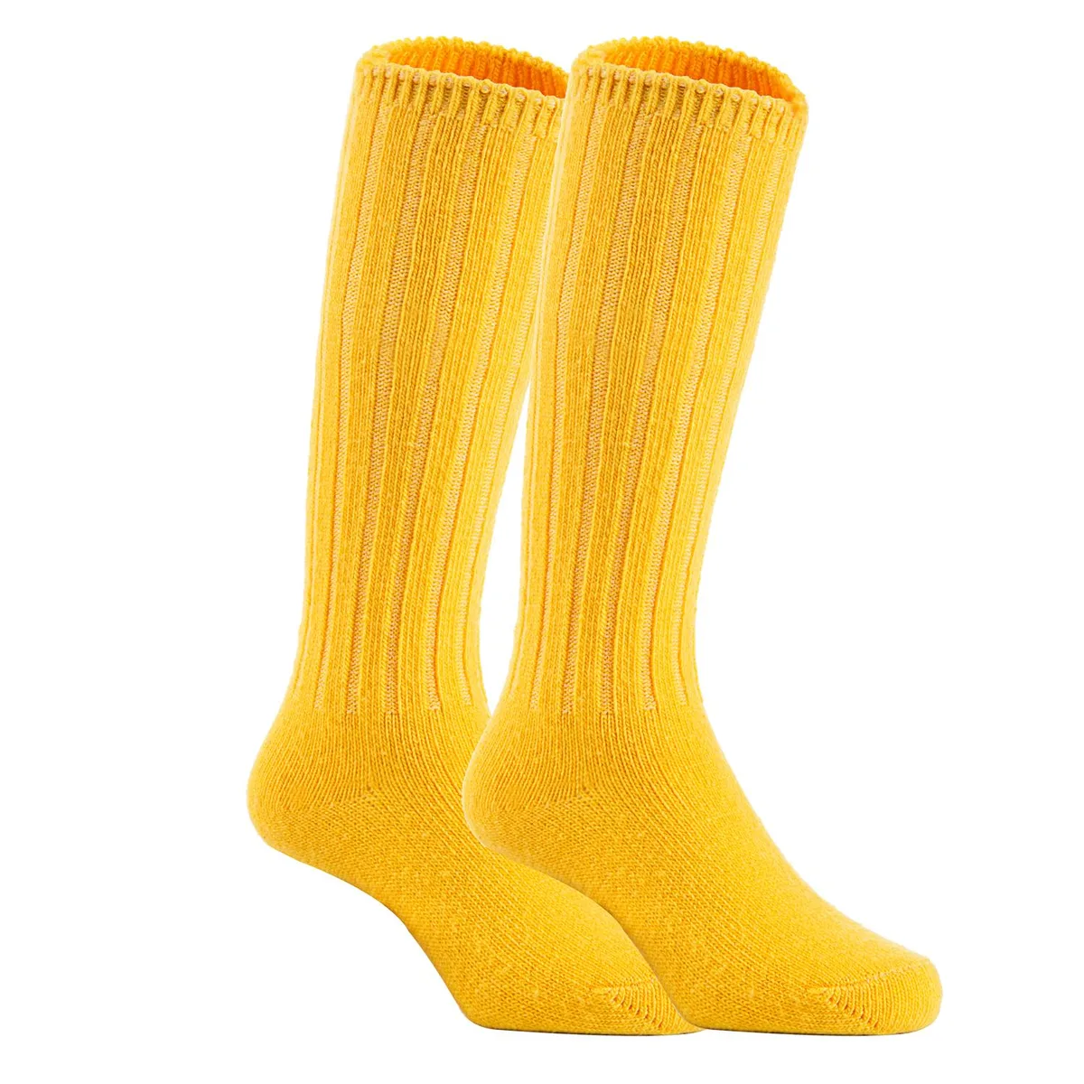 Six pairs of yellow knee-high wool-blend boot socks for children, size L