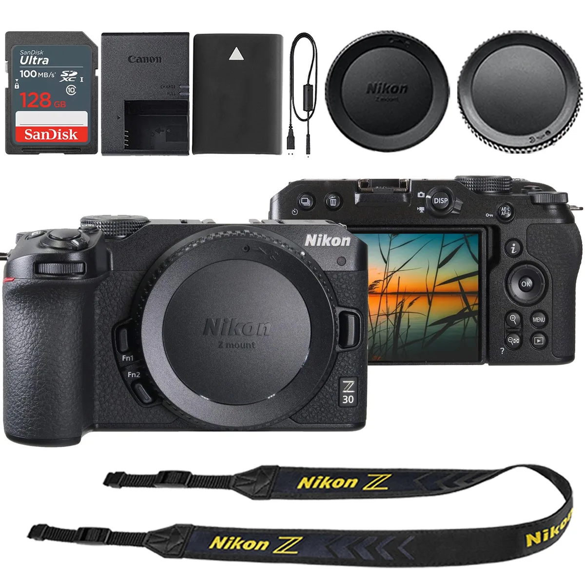 Nikon Global Nikon Z 30 compact mirrorless camera body with 128 GB SDXC card — product photo