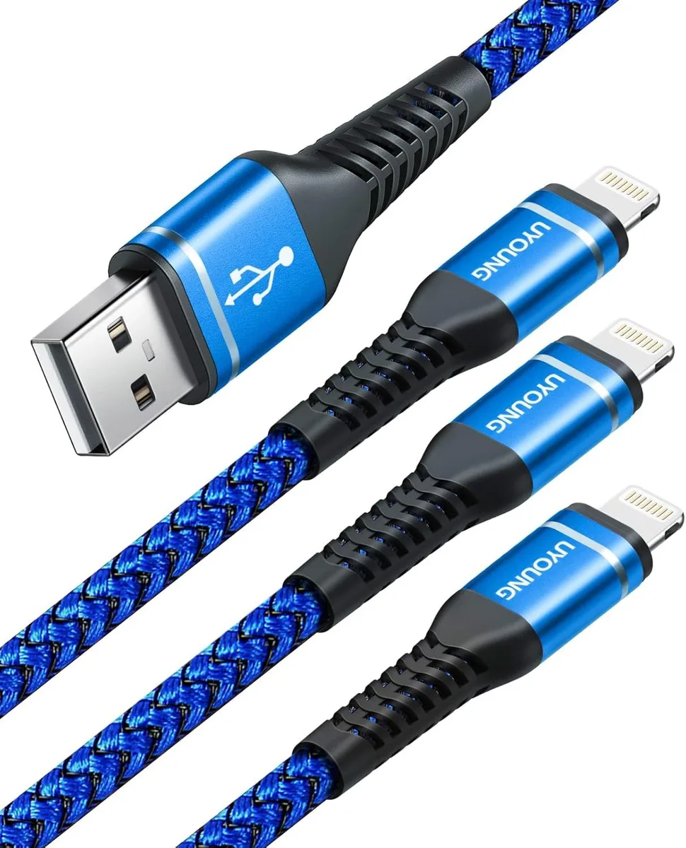 Three white 3ft braided Lightning cables with USB-A plugs