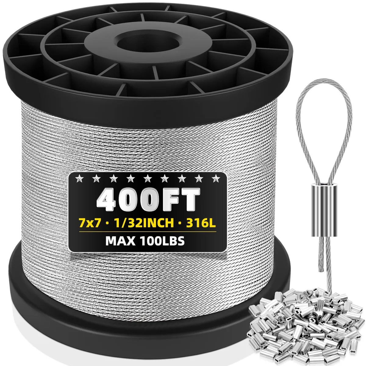 316 Stainless Steel Cable 400FT 1/32IN Wire Rope 100 Aluminum Sleeves — product photo