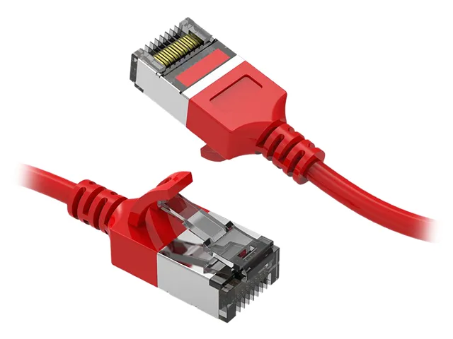 Red slim Cat8 Ethernet cable with RJ45 connectors, 2 ft length