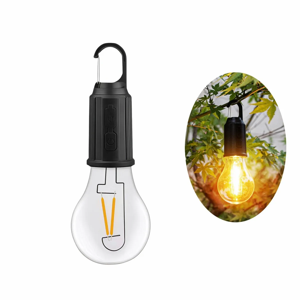 Compact black cylindrical LED lantern with top hook, 7.09 by 2.36 inches, 55g, USB-C rechargeable, 300 lumen warm light