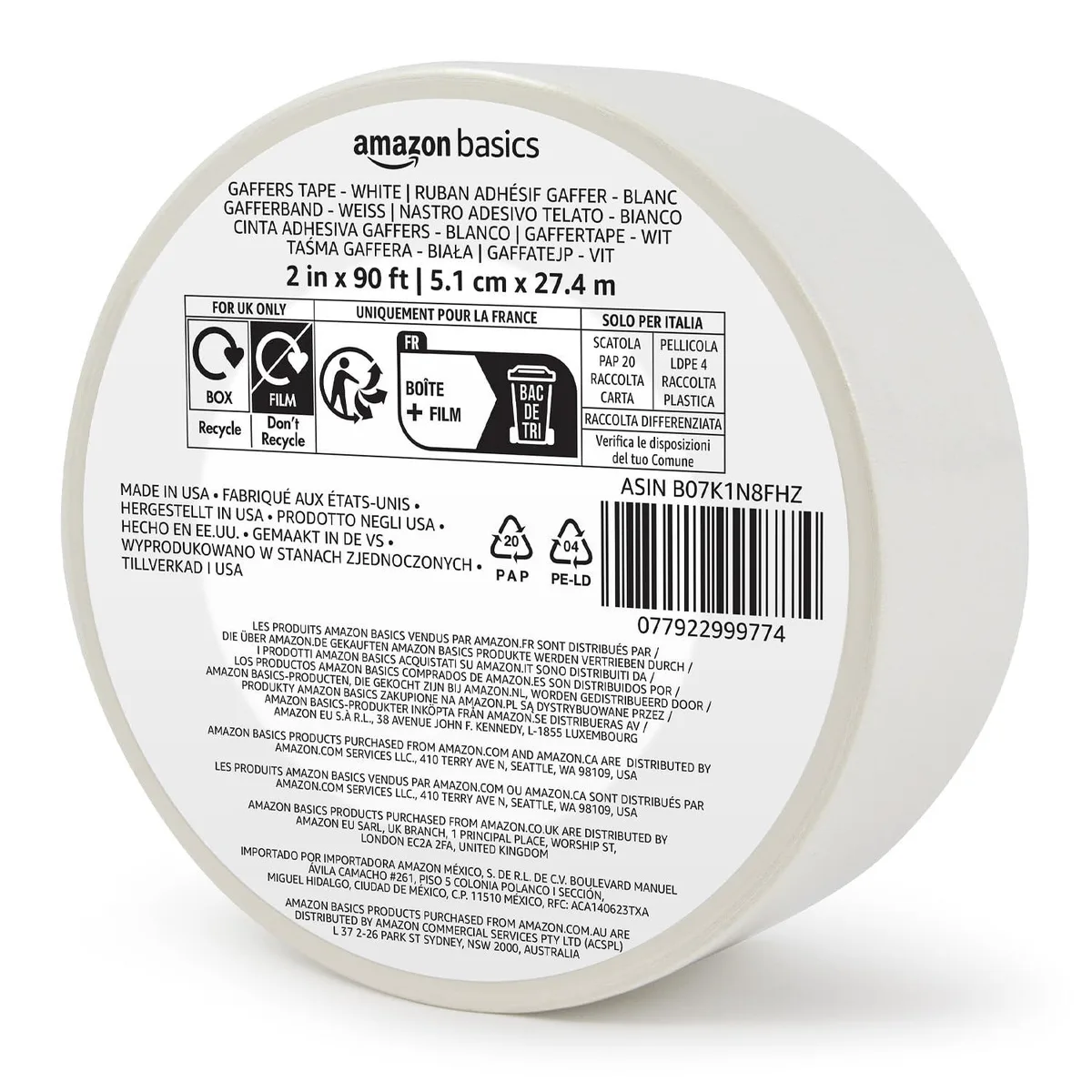 White gaffer tape roll, non-reflective matte finish, 2 inch by 90 feet